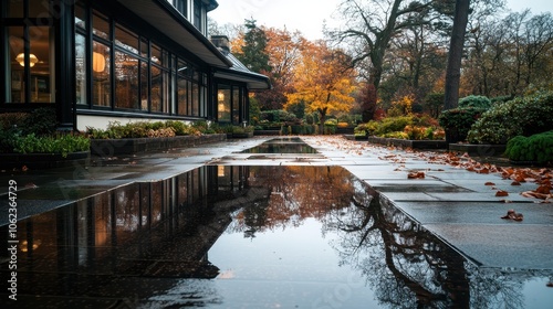 A beautifully landscaped path with freshly fallen leaves winds elegantly beside a modern building, capturing the essence of autumnal charm and architectural harmony.