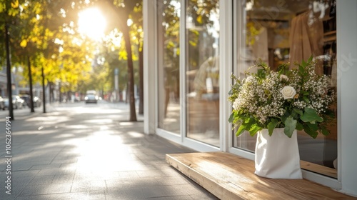 Wallpaper Mural A city street scene with a bouquet of flowers on a bench, illuminated by sunrays filtering through the trees, creating a peaceful urban environment. Torontodigital.ca