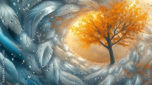 A 3D mural of a tree with pale yellow and deep blue leaves, surrounded by gradient feathers in shades of silver to orange, each covered in dewdrops, swirling into a time-bending vortex. photo