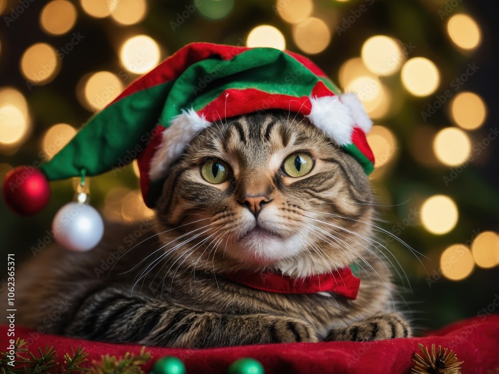 An adorable cat in a vibrant Christmas outfit, wearing a festive hat and surrounded by colorful ornaments, embodying the holiday spirit with a playful gaze An adorable cat in a vibrant Christmas outfit, wearing a festive hat and surrounded by colorful ornaments, embodying the holiday spirit with a playful gaze