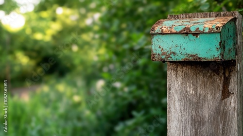 An aged turquoise mailbox with rust accents is perched on a weathered wooden post in a verdant outdoor environment, exuding nostalgia and rustic charm. photo