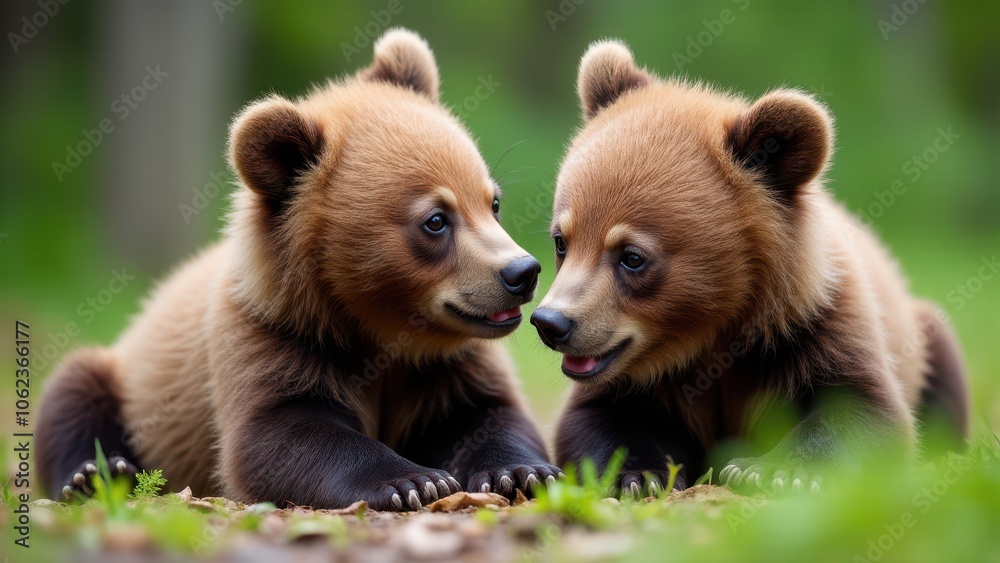 Fototapeta premium Two grizzly cubs wrestling on the forest floor, their joyful expressions reflecting the innocence of youth.