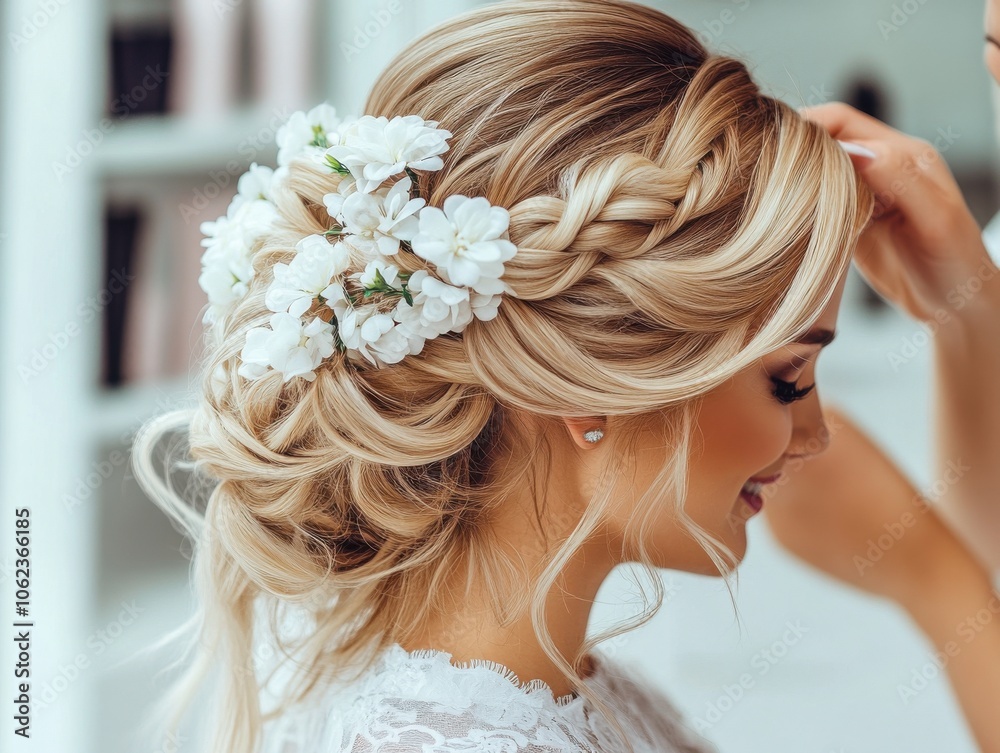 A hairdresser styles an elegant bridal updo adorned with white flowers, highlighting intricate braids and a graceful, romantic look. A hairdresser styles an elegant bridal updo adorned with white flowers, highlighting intricate braids and a graceful, romantic look.