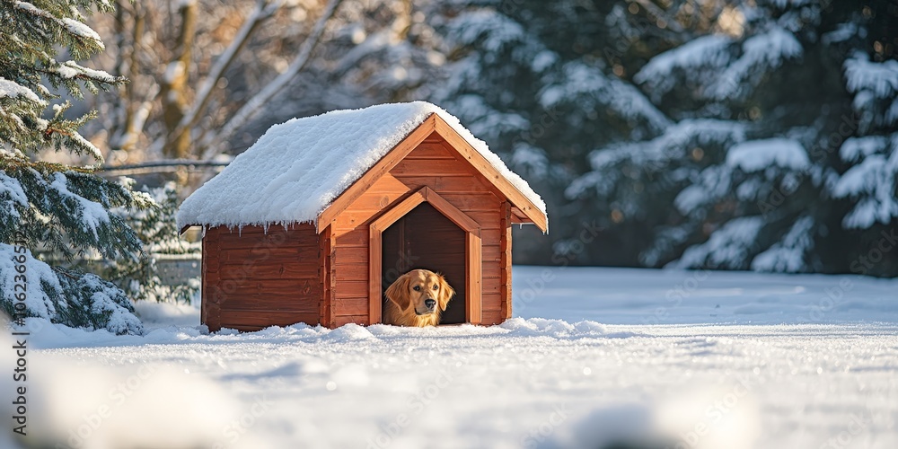 Wooden dog house in winter covered with snow Wooden dog house in winter covered with snow