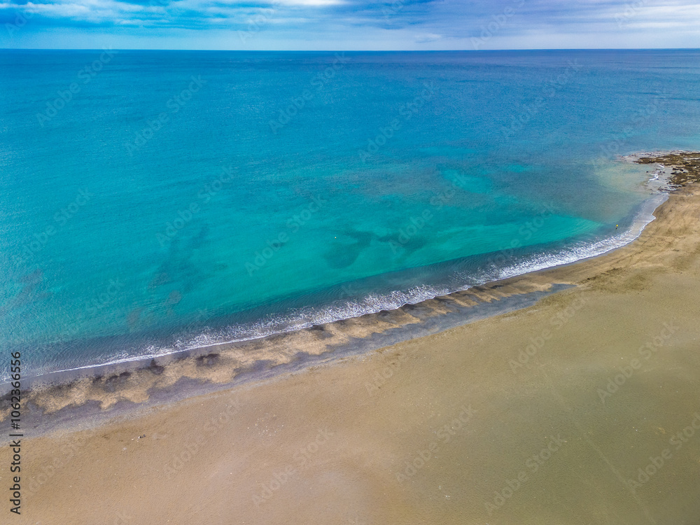 Aerial drone view of Las Playitas fishing town and the beach, Fuerteventura, Canary Islands Aerial drone view of Las Playitas fishing town and the beach, Fuerteventura, Canary Islands