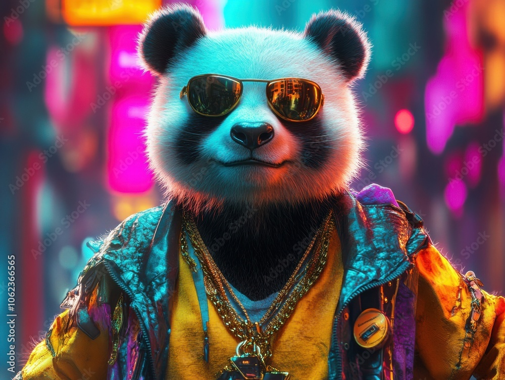 A colorful panda wearing headphones and sunglasses, styled in an acid pop fashion against a vibrant urban backdrop, exuding a trendy and energetic vibe. A colorful panda wearing headphones and sunglasses, styled in an acid pop fashion against a vibrant urban backdrop, exuding a trendy and energetic vibe.