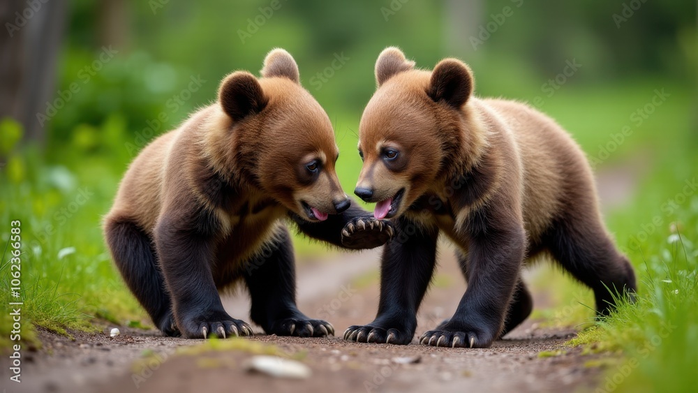 A delightful close-up of two grizzly bear cubs, showcasing their fluffy fur as they play together on the forest floor. A delightful close-up of two grizzly bear cubs, showcasing their fluffy fur as they play together on the forest floor.