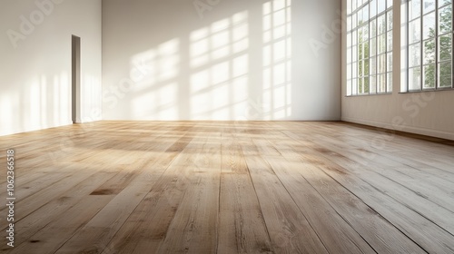 A bright and minimalist room with sunlight streaming through large windows casts patterns on the polished wooden floor, creating a warm, welcoming space filled with light.