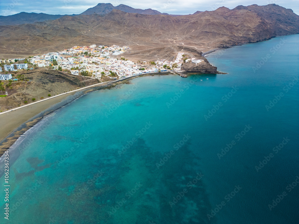 Obraz premium Aerial drone view of Las Playitas fishing town and the beach, Fuerteventura, Canary Islands