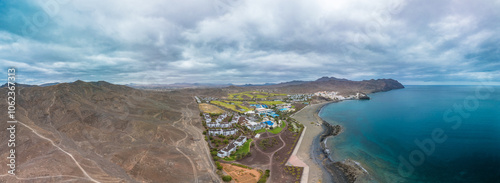 Aerial drone view of Las Playitas fishing town and the beach, Fuerteventura, Canary Islands