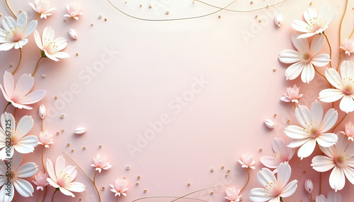 Delicate floral frame with kosmey flowers and gold accents for invitations or decorative purposes photo