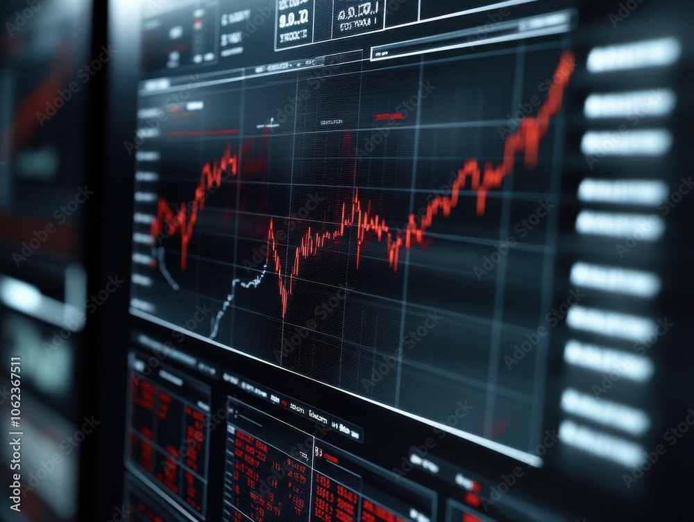 A digital chart depicting stock market trends with fluctuating red graphs. The image has a business and finance theme, evoking a sense of market volatility. A digital chart depicting stock market trends with fluctuating red graphs. The image has a business and finance theme, evoking a sense of market volatility.