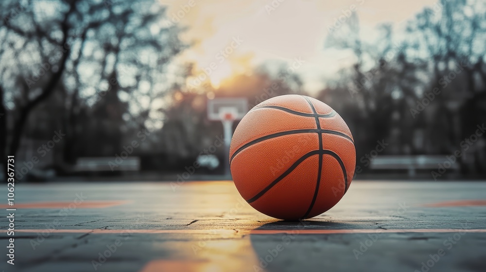 Close-up of a basketball on the court during sunset, capturing a tranquil moment. Close-up of a basketball on the court during sunset, capturing a tranquil moment.