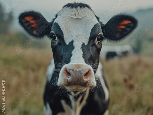 A close-up of a black and white cow with a curious expression standing in a grassy field, with soft lighting creating a serene rural atmosphere. photo