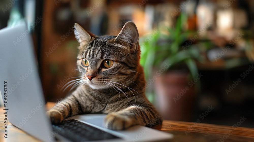 A curious tabby cat explores a laptop keyboard in a cozy indoor setting during a sunny afternoon A curious tabby cat explores a laptop keyboard in a cozy indoor setting during a sunny afternoon