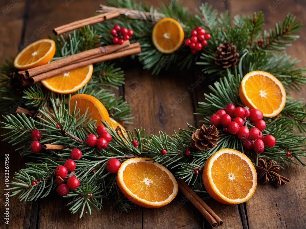 A Christmas wreath decorated with dried sliced oranges, cinnamon sticks, and berries, adding a rustic and fragrant touch to the holiday decor A Christmas wreath decorated with dried sliced oranges, cinnamon sticks, and berries, adding a rustic and fragrant touch to the holiday decor