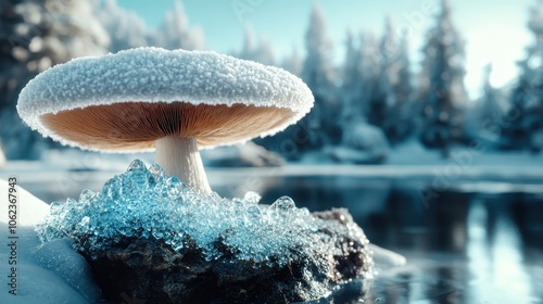 A large mushroom blanketed in frost stands by an icy river in a picturesque winter forest, capturing the tranquil and pristine essence of a snow-covered landscape. photo