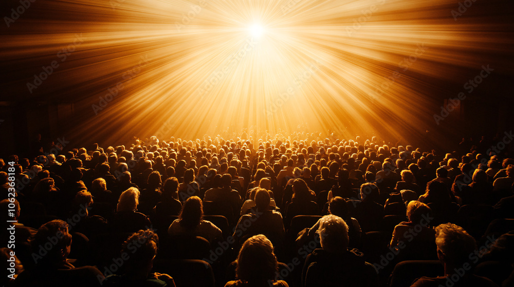Obraz premium Spotlight Beaming Down from the Ceiling, Casting a Golden Glow Over the Rows of Attendees in a Packed Conference Hall 