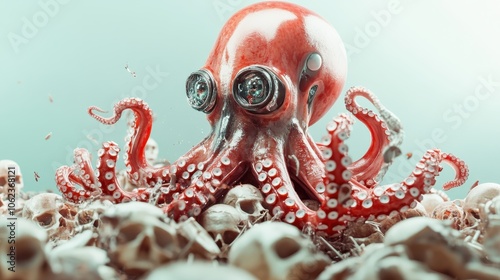 A sci-fi fantasy image of a futuristic octopus resting atop a pile of skulls, blending surreal and science fiction elements for a dramatic visual effect. photo