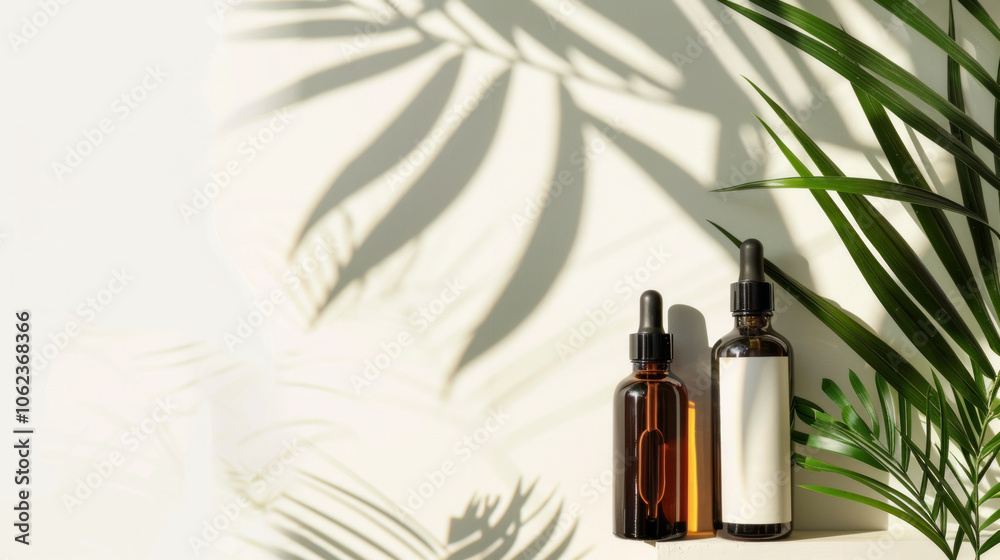 Two glass dropper bottles positioned on a light background with tropical plant shadows in a bright, serene setting Two glass dropper bottles positioned on a light background with tropical plant shadows in a bright, serene setting