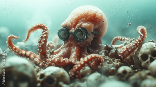 A whimsical octopus wearing steampunk goggles explores a mysterious underwater world filled with skulls, creating a sense of adventure and intrigue. photo