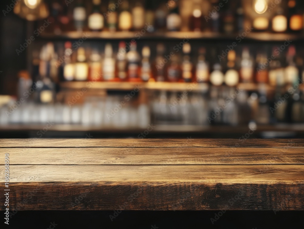 An empty wooden table in a rustic bar or cafe setting, with a blurred background of bottles on shelves, creating a warm and inviting atmosphere. An empty wooden table in a rustic bar or cafe setting, with a blurred background of bottles on shelves, creating a warm and inviting atmosphere.