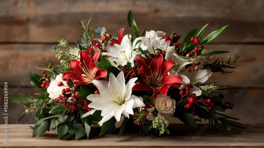 Fototapeta premium A festive floral display featuring striking red and white lilies accented by greenery and berries, perfect for holiday decorations, evoking joy and celebration.