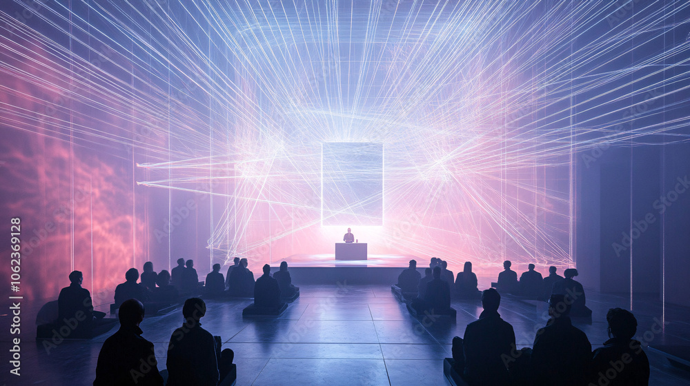 Obraz premium Suspended Rows of Attendees Watching a Speaker on a Floating Stage, with Laser Beams Forming a Web Above Them 