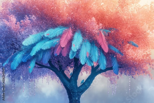 A coral and blue tree with feathers from mint to magenta, dewdrops blending into a lilac-blue mist. photo