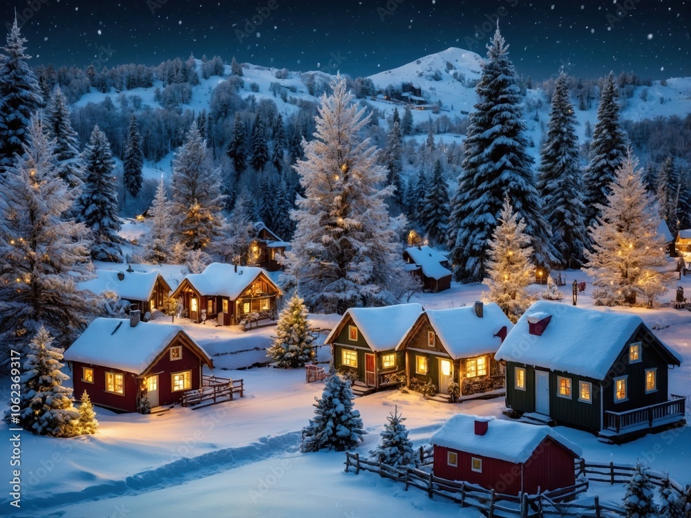 Fototapeta premium A cozy mountain village with snow-covered houses nestled among the peaks, capturing the peaceful magic of Christmas and creating a warm, festive winter scene