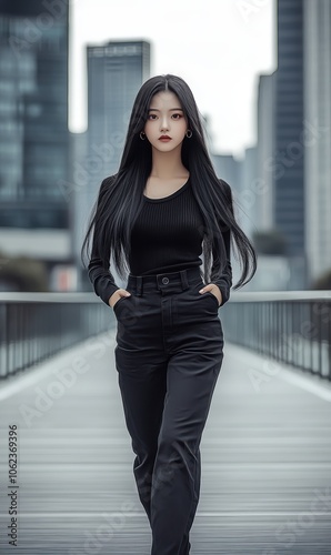 Confident Asian woman in black outfit walking through a modern urban setting. Free Download Confident Asian woman in black outfit walking through a modern urban setting. - GFXLoad