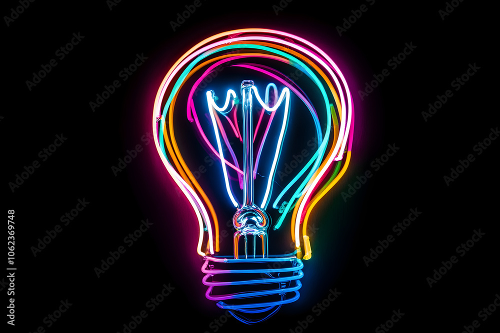 An electrifying neon silhouette of a light bulb surrounded by colorful outlines, representing creativity and innovation in a striking display.