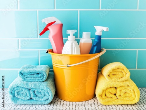 A vibrant image of various cleaning supplies, including spray bottles and cloths, in a bright yellow bucket against a light blue tiled background. photo