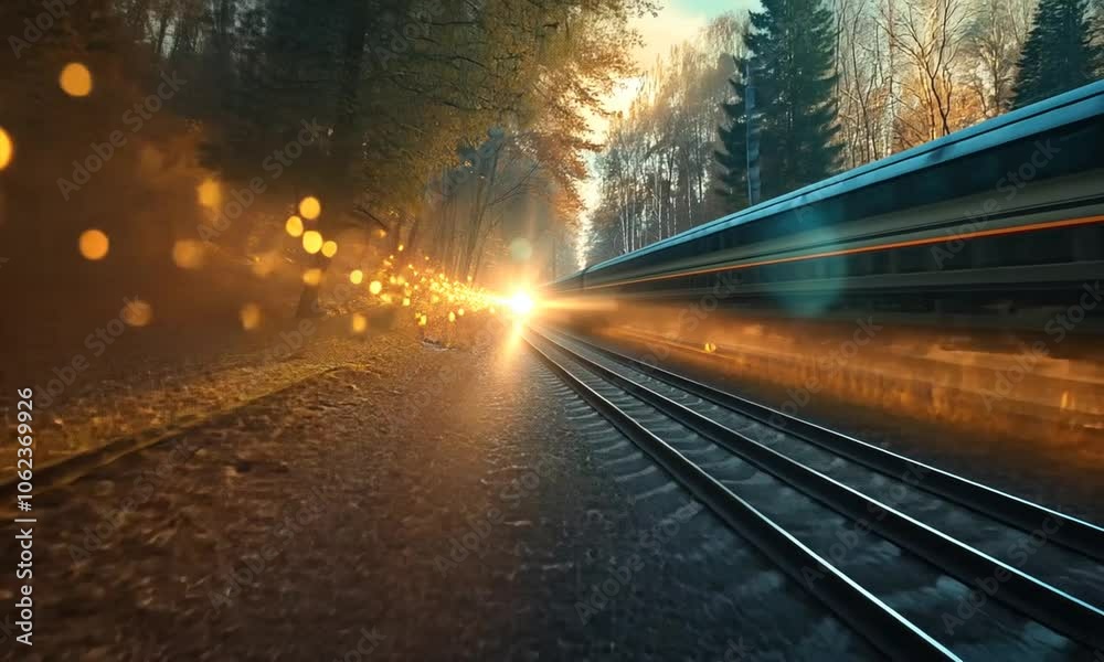 Train Speeding Through Forest at Sunset Train Speeding Through Forest at Sunset