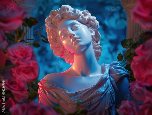 A hyperrealistic sculpture of a woman’s serene face framed by pink roses, set in dramatic blue and red lighting. The classical art-inspired composition evokes a romantic, dreamy atmosphere. photo