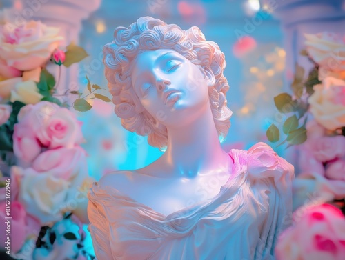 A serene, hyperrealistic sculpture of a woman with closed eyes, adorned by soft pink and yellow roses, set against a dreamy blue and pink background, creating an atmosphere of classical elegance and t photo