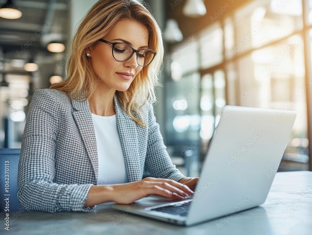 A professional businesswoman with glasses works on a laptop in a modern, sunlit office space. She exudes focus and professionalism. A professional businesswoman with glasses works on a laptop in a modern, sunlit office space. She exudes focus and professionalism.