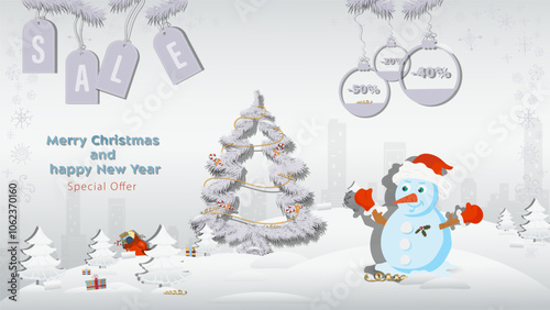 Special offer Christmas and New Years Sale A snowman in a Santa Claus hat next to a fir tree in a winter snow forest