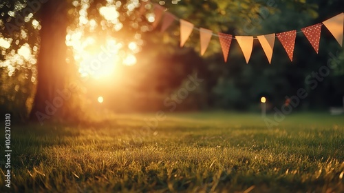 In this lush garden, sunlight filters through trees, casting a warm glow over the scene adorned with pennant flags swaying gently, evoking tranquility. photo