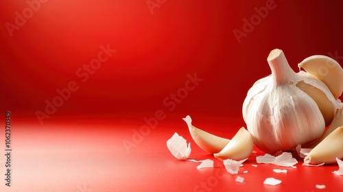 A whole bulb of garlic with separate cloves lays on a striking red surface, the vibrant contrast highlighting culinary beauty and simplicity in food photography style.