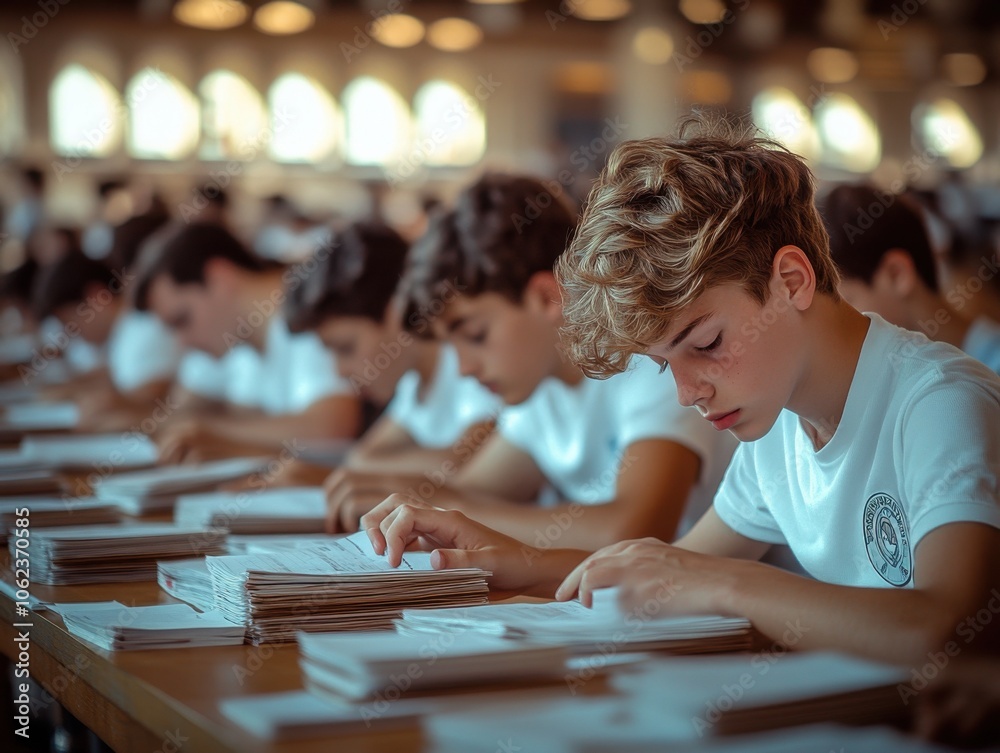 Fototapeta premium A group of students in uniform is focused on taking exams in a large, well-lit hall. The atmosphere is serious and concentrated.