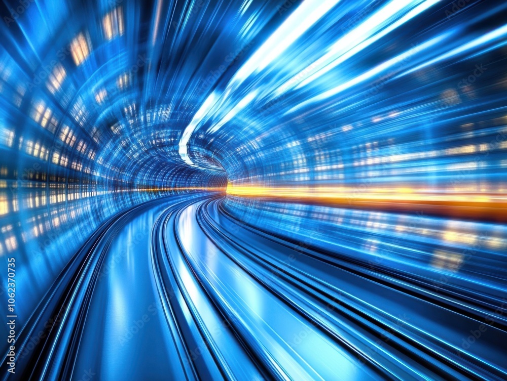 A dynamic depiction of a futuristic urban tunnel with glowing blue lights and blurred motion, illustrating speed and modern architecture.