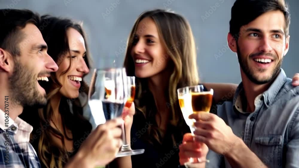 group of friends celebrating New Year's arrival, captured with natural and realistic motion. The friends are gathered close together, laughing, smiling, and raising glasses or drinks. 