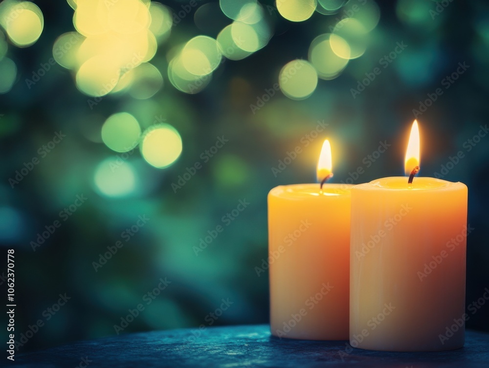 Two candles glow warmly against a bokeh background of soft, out-of-focus lights. The scene feels serene and festive, ideal for celebrations and tranquil moments. Two candles glow warmly against a bokeh background of soft, out-of-focus lights. The scene feels serene and festive, ideal for celebrations and tranquil moments.