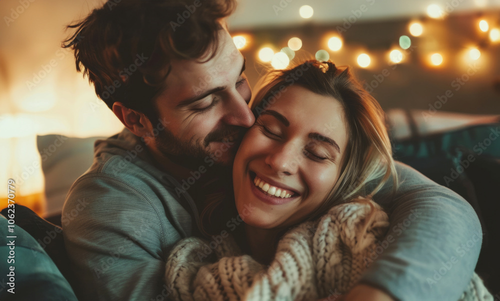 Cozy evening of warmth and connection shared by a couple embracing in dim light at home with twinkling fairy lights Cozy evening of warmth and connection shared by a couple embracing in dim light at home with twinkling fairy lights