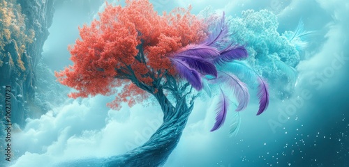 A coral and sky blue tree with feathers from violet to mint, dewdrops against a time-bending vortex with mist.