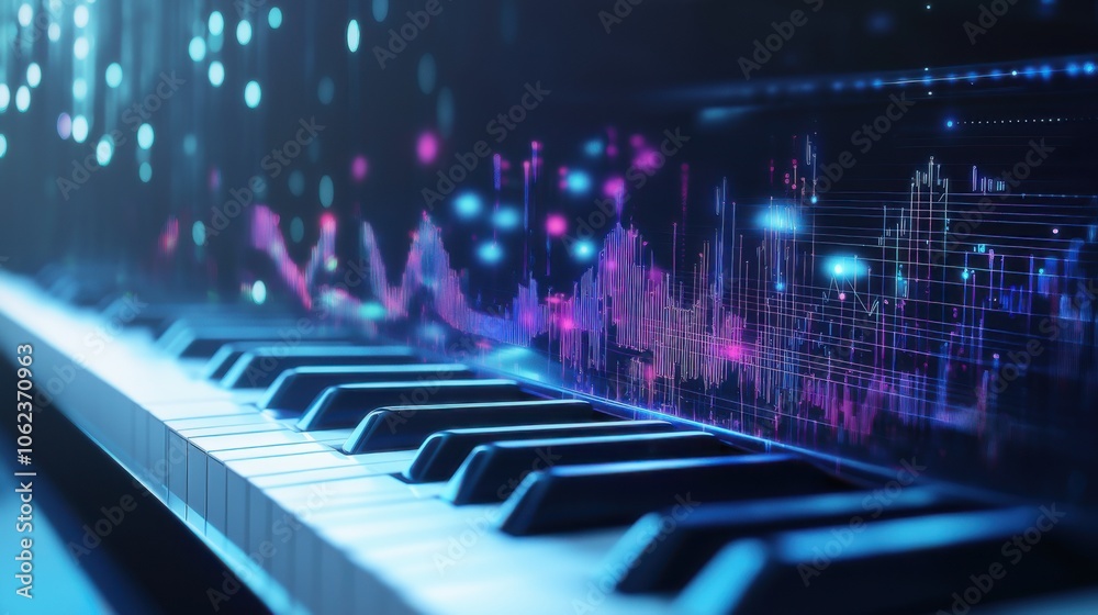A close-up view of piano keys with colorful sound waves representing music and rhythm in a vibrant, artistic setting at night A close-up view of piano keys with colorful sound waves representing music and rhythm in a vibrant, artistic setting at night