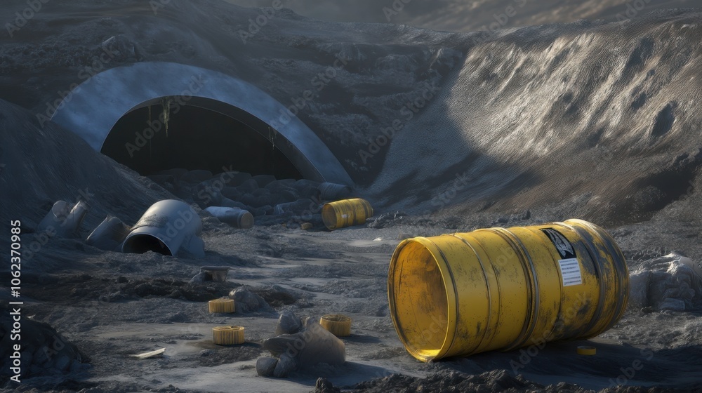 Fototapeta premium Abandoned industrial site with yellow barrels scattered around, highlighting environmental neglect at dusk