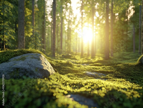 A serene Scandinavian forest with lush green moss, tall trees, and sunlight casting a warm glow through the foliage.