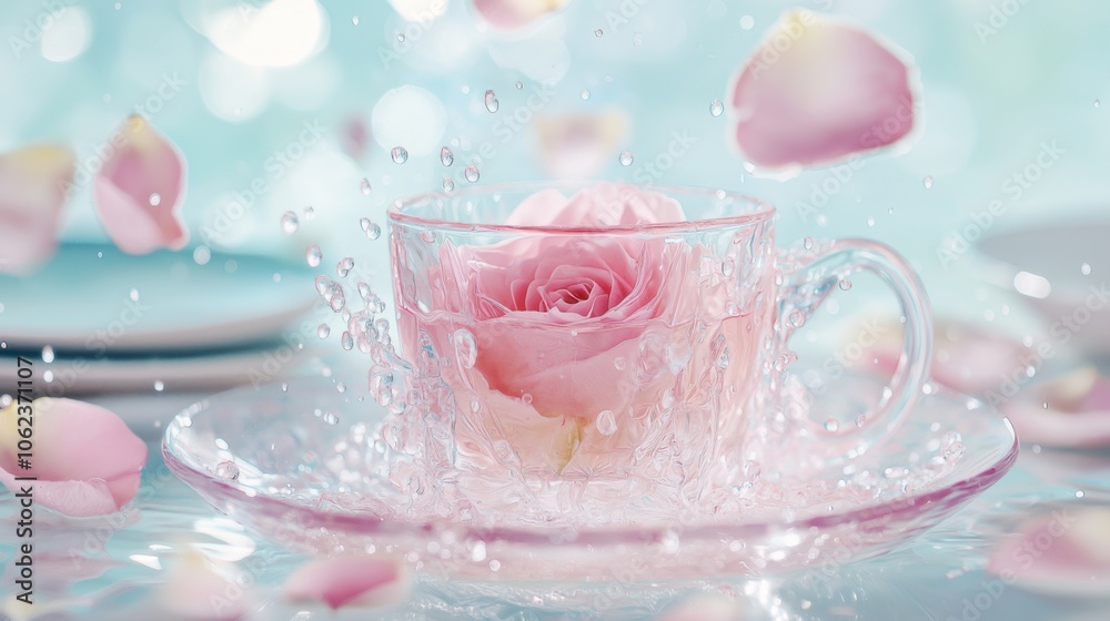 A delicate pink rose emerges from a glass teacup surrounded by splashes of water and scattered petals in a serene setting A delicate pink rose emerges from a glass teacup surrounded by splashes of water and scattered petals in a serene setting